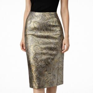 Jenni Kayne Metallic Brocade Knee Length Pencil Skirt XS Designer Silk Blend